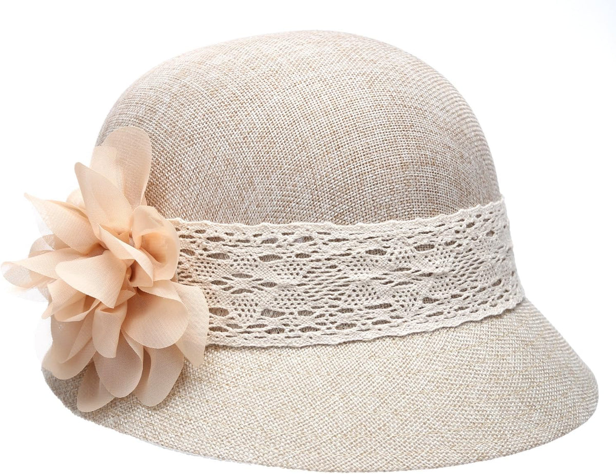 Sombrero de campana estilo Gatsby de lino para mujer con banda de e...