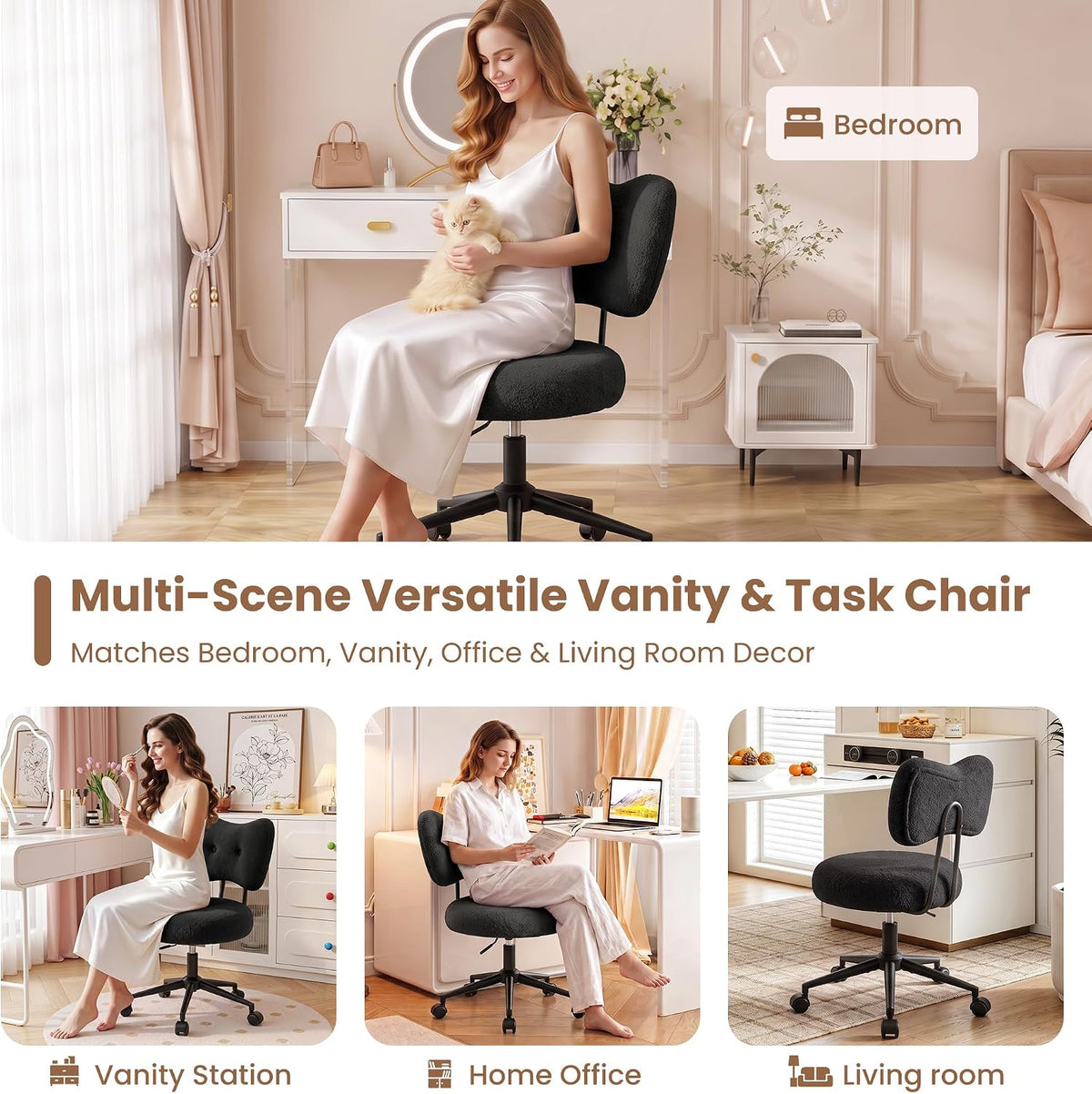 Silla de tocador pequeña con ruedas, cómoda silla de escritorio con...