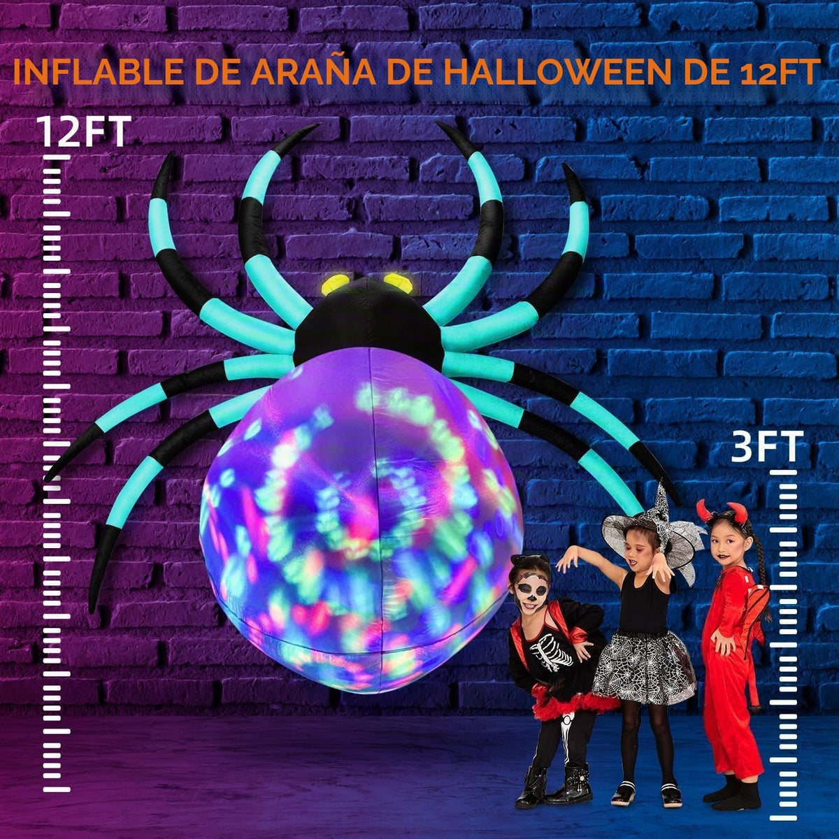 Araña gigante inflable de Halloween de 12 pies con 7 ojos que cambi...