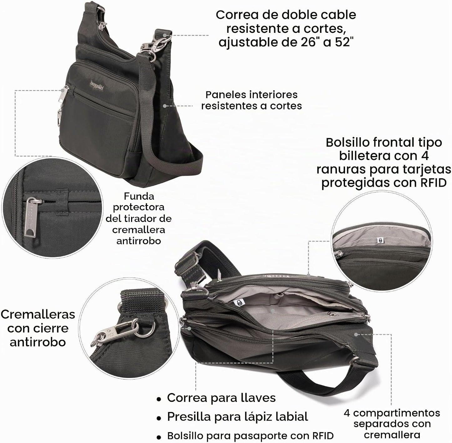 Baggallini Securtex Bandolera cruzada antirrobo 11\u201Dw X 8.5\u20...