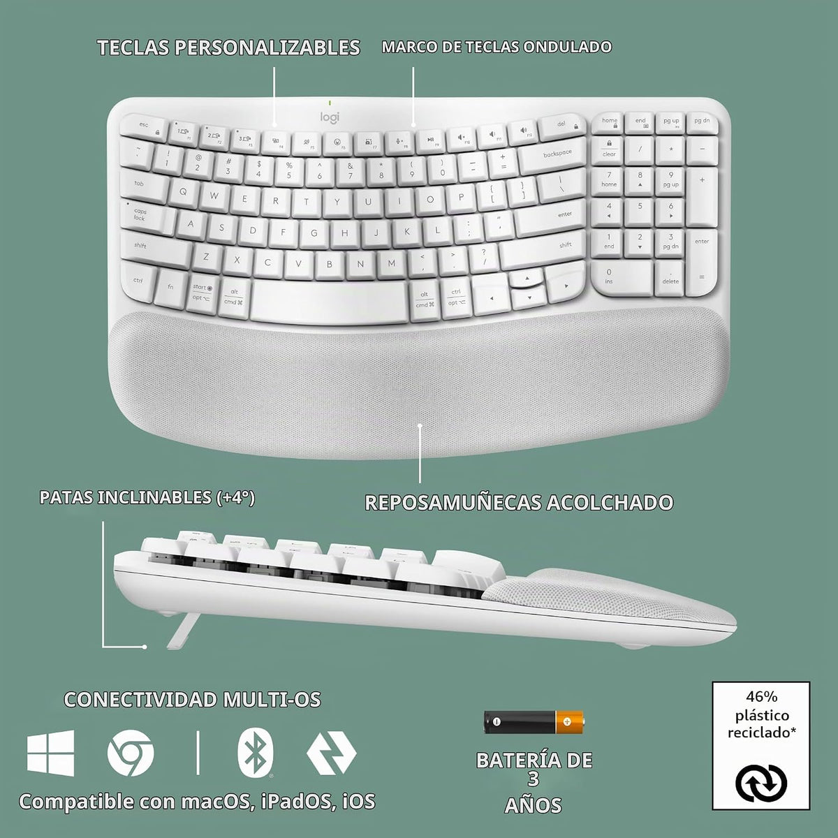 Logitech Wave Keys - Teclado ergonómico inalámbrico con reposamanos...