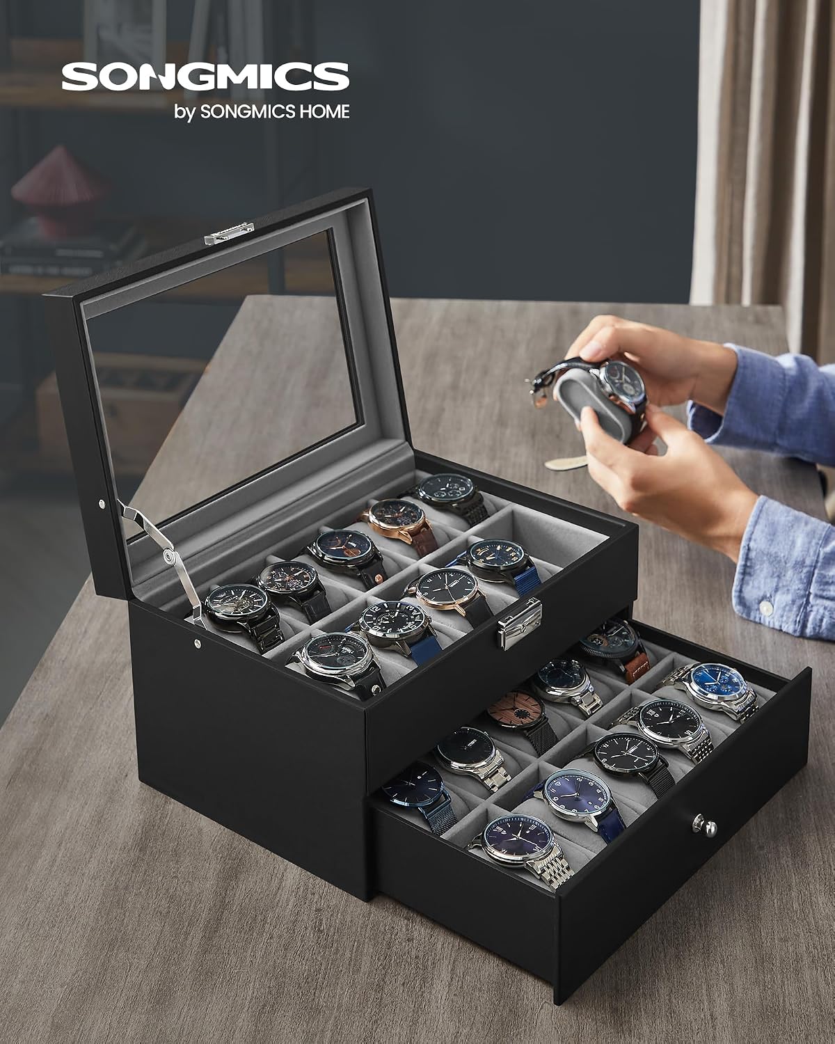 SONGMICS Caja de reloj de 20 ranuras, 2 capas, tapa de cristal, con...