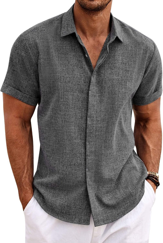 COOFANDY Camisas de lino para hombre de manga corta, camisas casual...