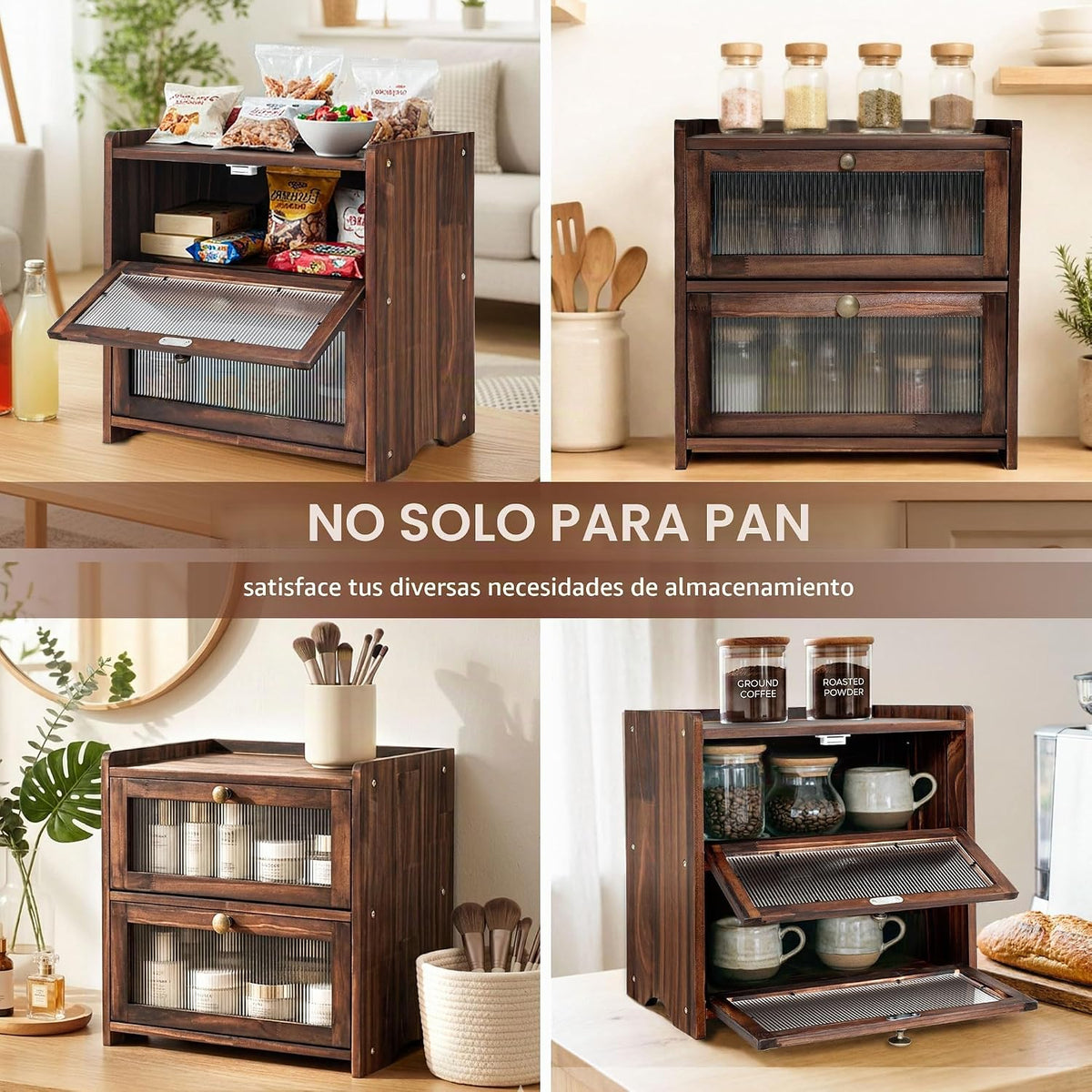 Luollabytel Panera para encimera de cocina, panera de madera de 2 c...