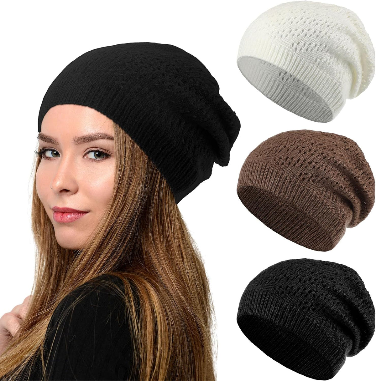 Newcotte Gorro de ganchillo holgado para mujer, hecho a mano, diseñ...