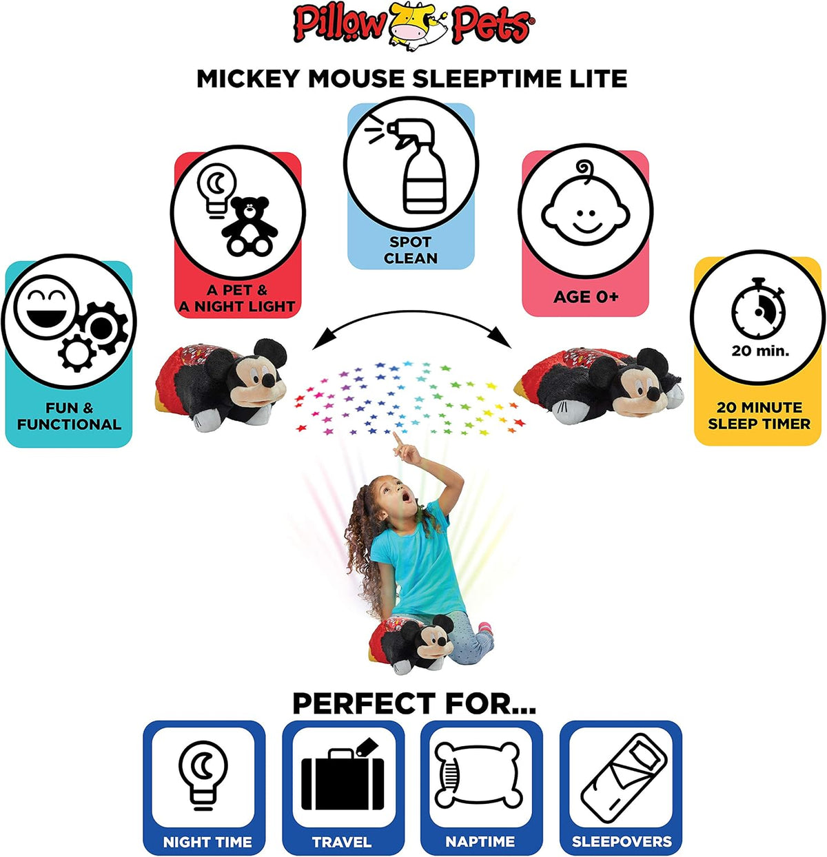 Pillow Pets Disney Mickey Mouse, 11" Sleeptime Lite | Snuggle Buddy...