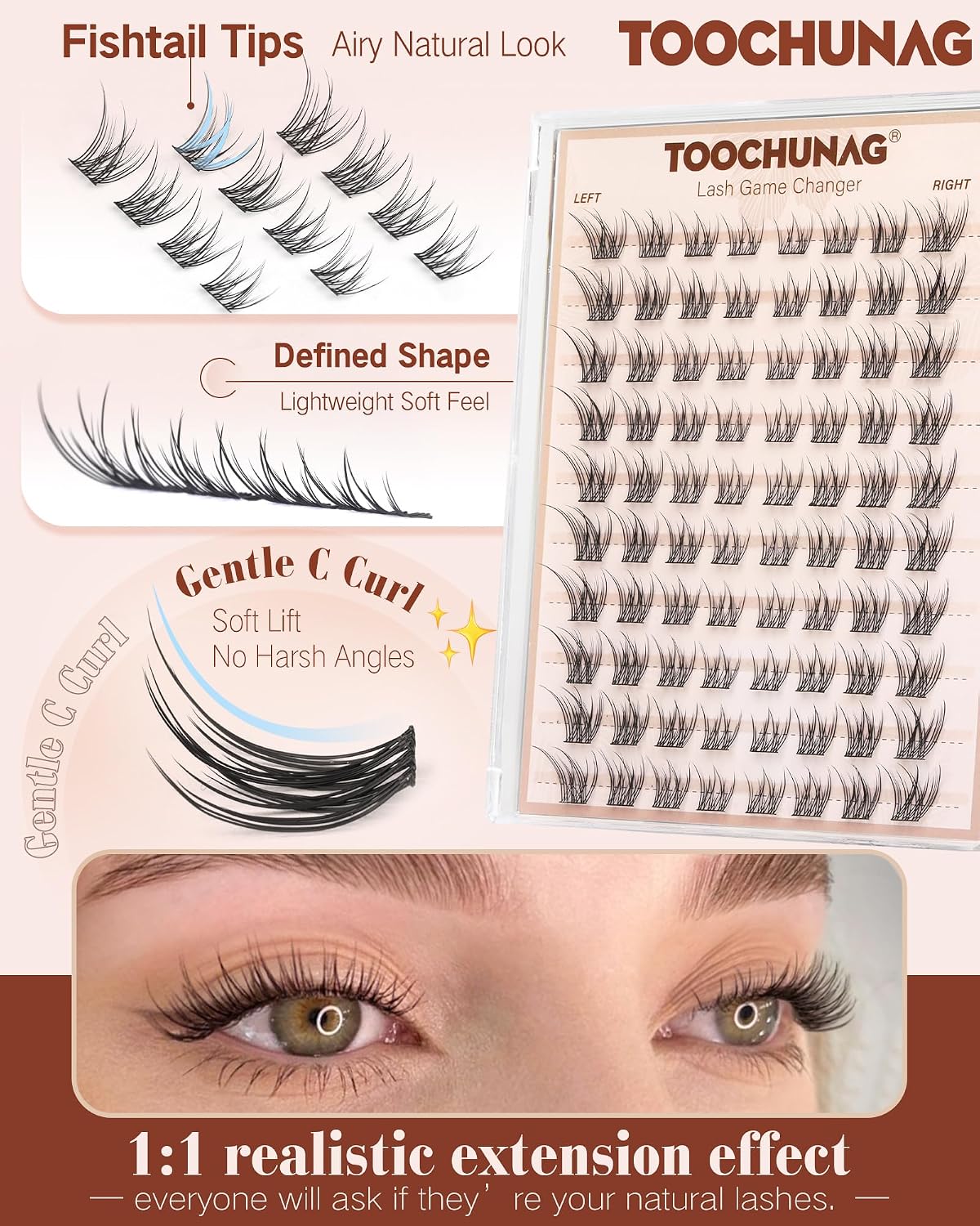 TOOCHUNAG Extensiones de pestañas naturales de 0.315 a 0.472 pulgad...