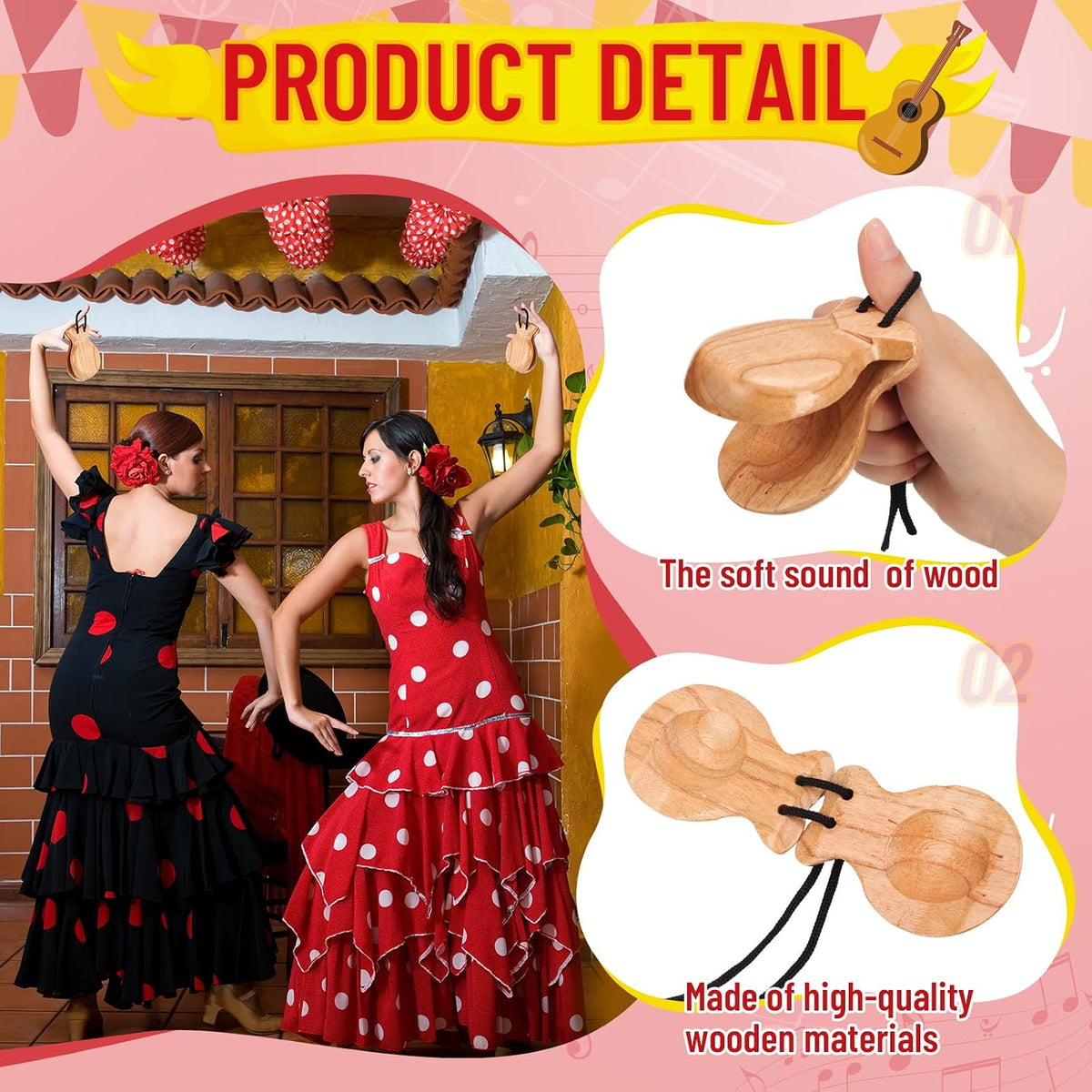 Motionchic Paquete de 2 castañuelas españolas de flamenco con cuerd...