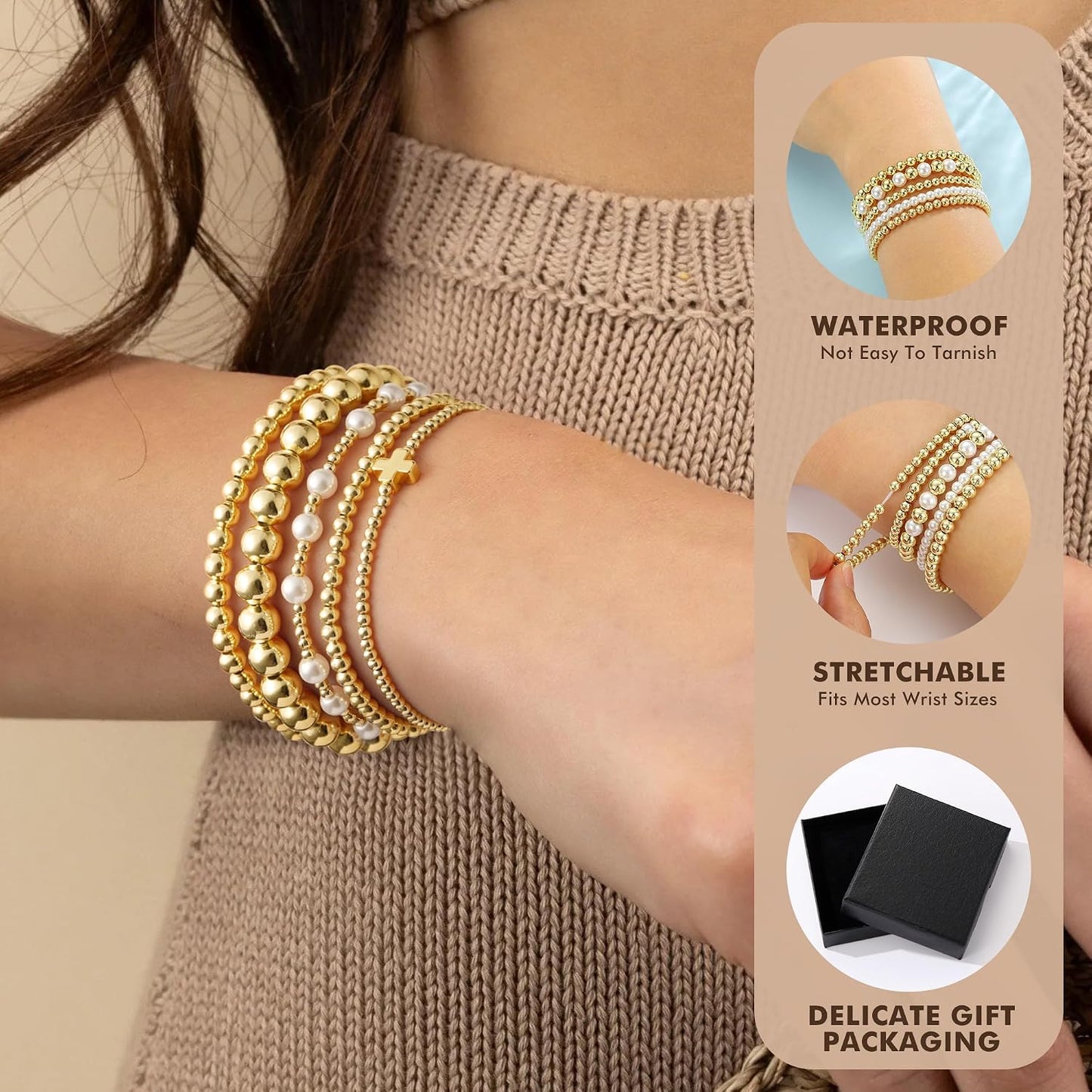 Yoosteel Juego de pulseras de cuentas de oro para mujeres, adolesce...