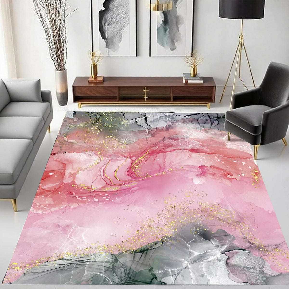 VTKON Alfombra de mármol rosa y gris para dormitorio, textura marmo...