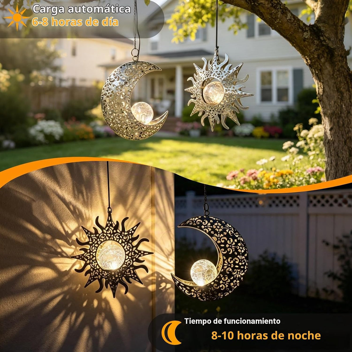 QCF Juego de luces solares colgantes de sol y luna para exteriores,...
