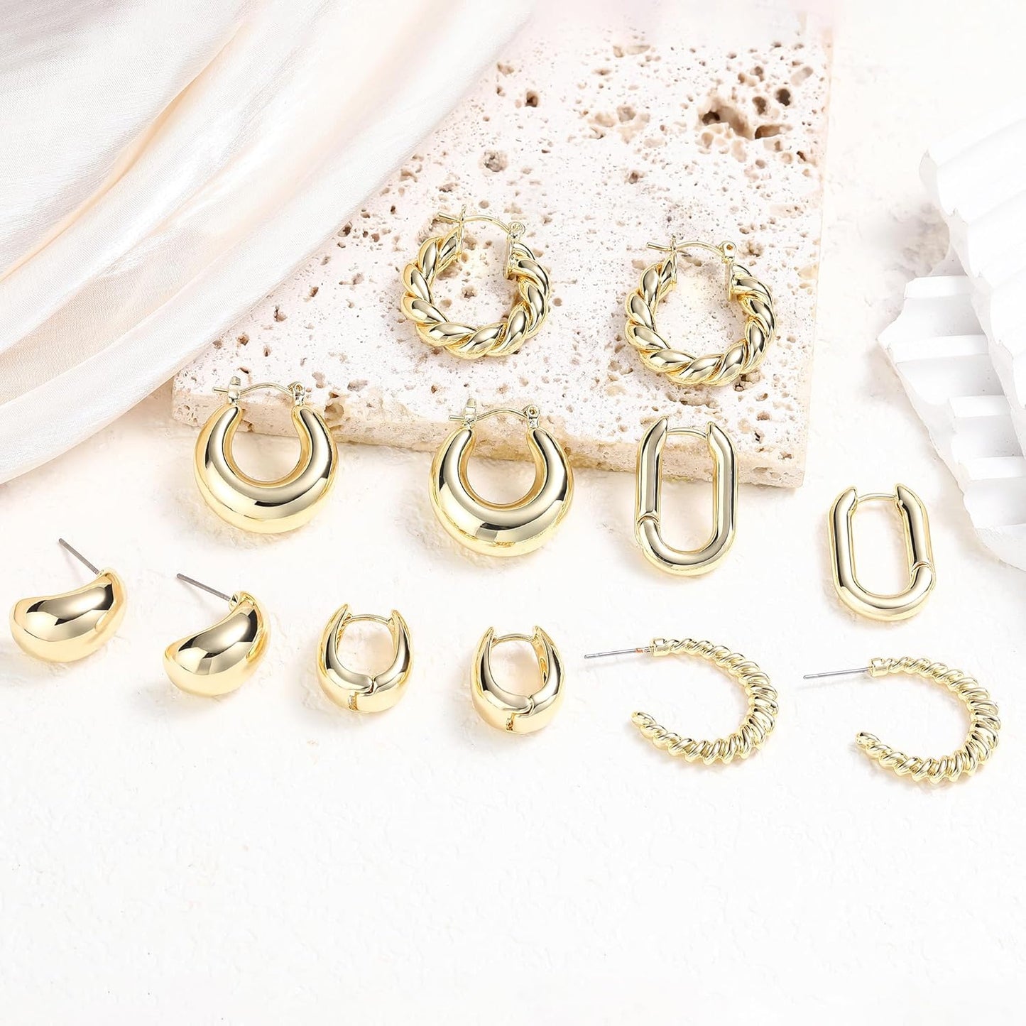 6 pares de aretes de aro chapados en oro de 14 quilates para mujer,...