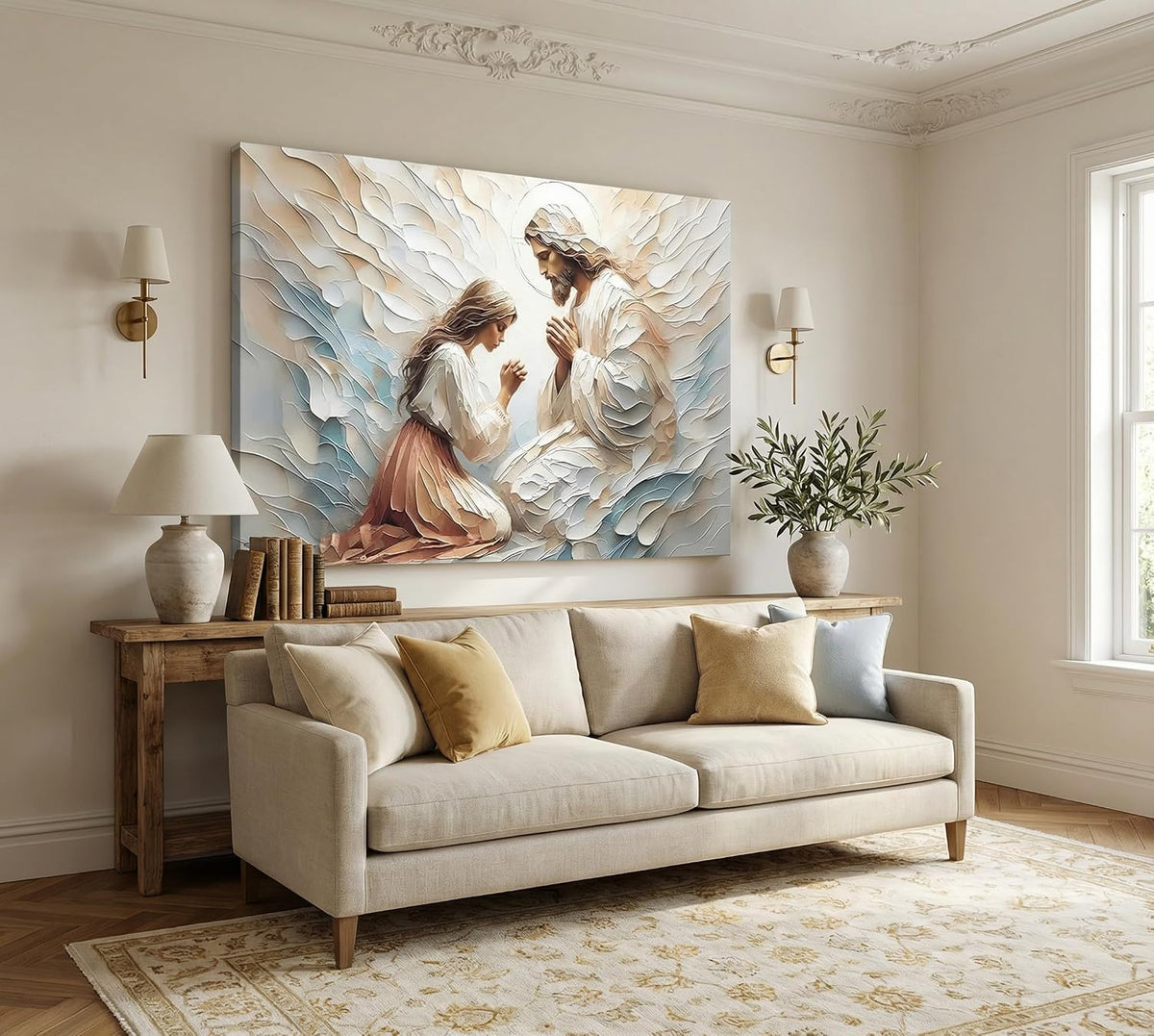 Lienzo de oración de Jesús y mujer, arte de pared Jesús sana a una...
