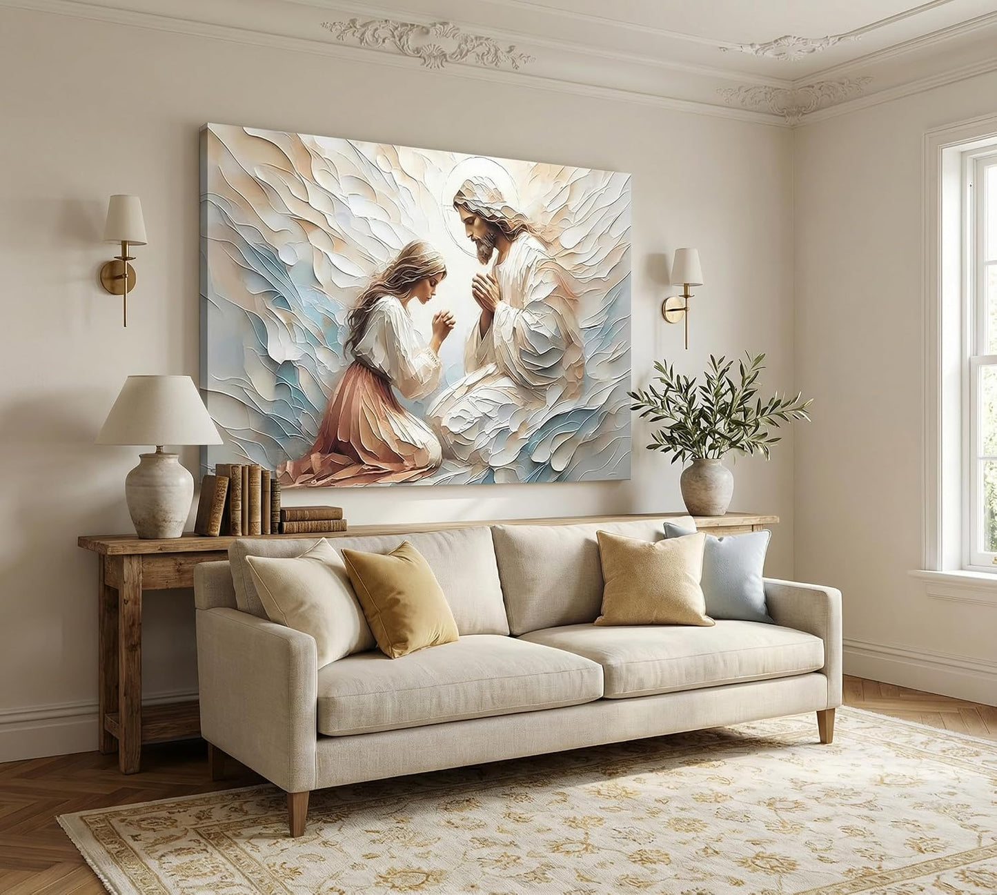 Lienzo de oración de Jesús y mujer, arte de pared Jesús sana a una...