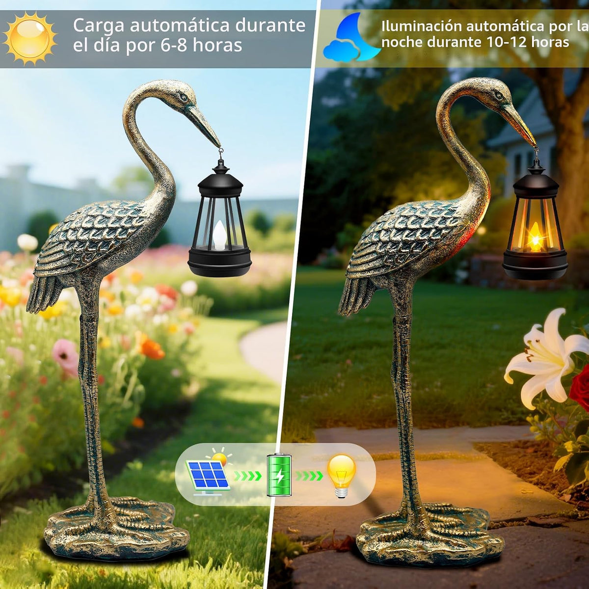 Figura solar de grúa de estatua de jardín, linternas solares colgan...