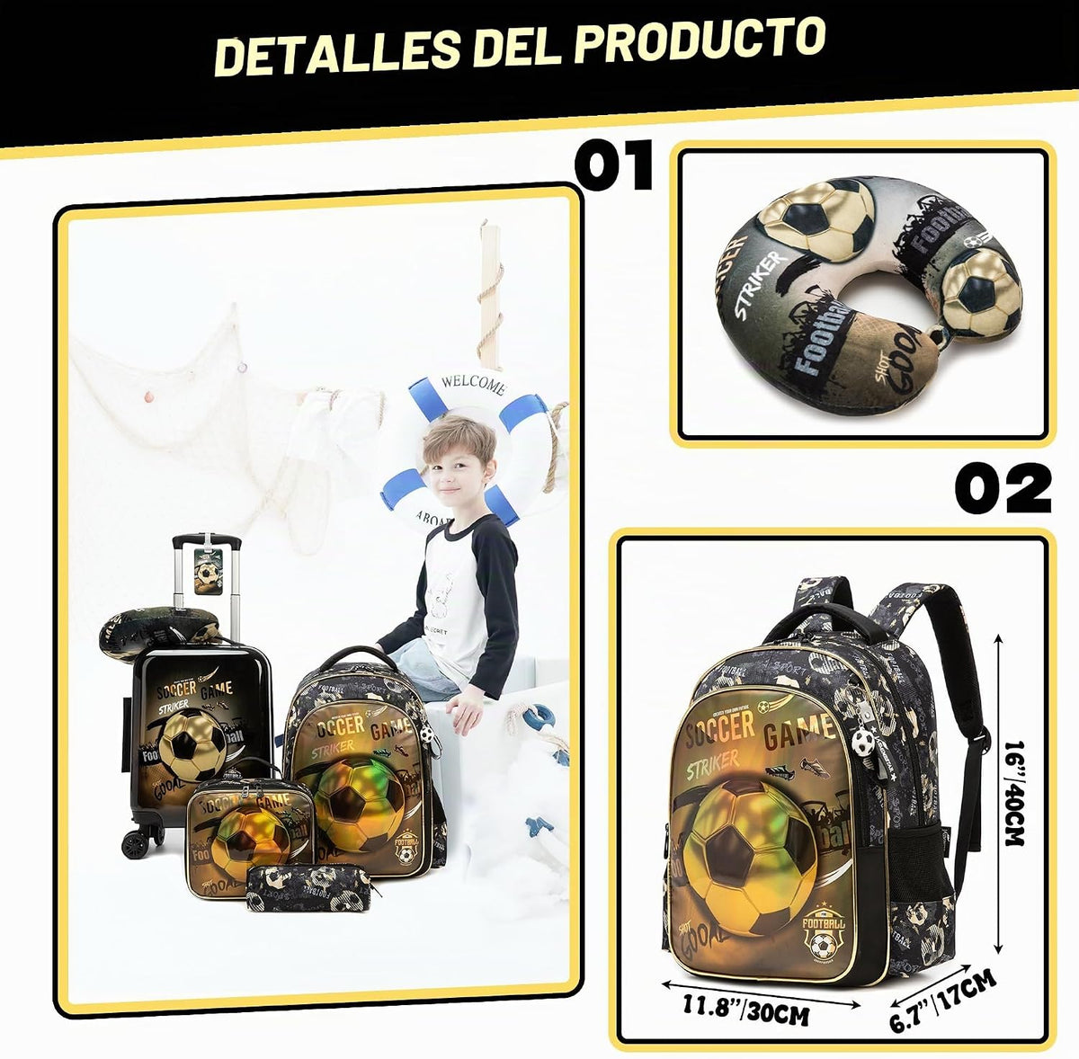 Homskiii Juego de maletas de fútbol para niños, 5 piezas, equipaje...