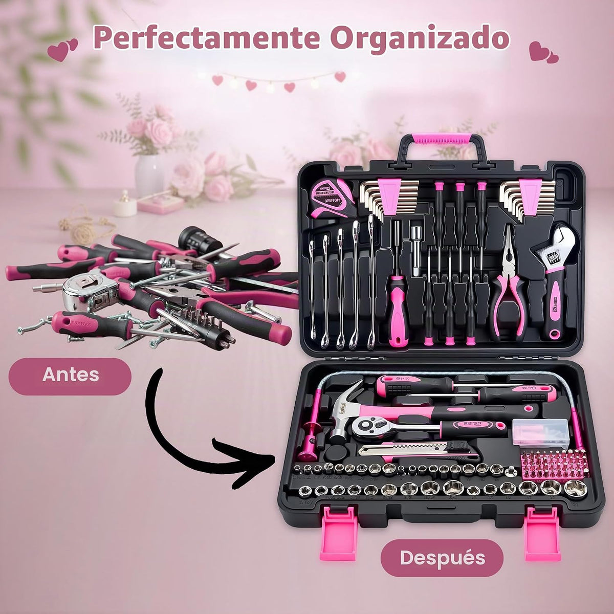 KOOPOOL Juego de herramientas rosa de 159 piezas, kit de herramient...