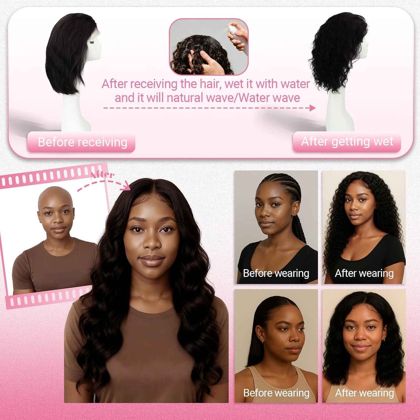 HappyNewHair Peluca de cabello humano ondulado natural de 13 x 4 HD...