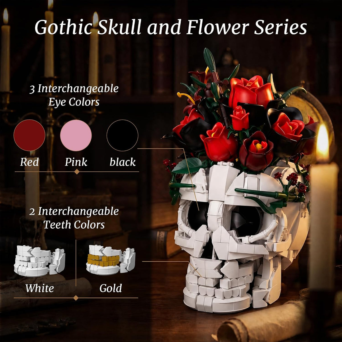 Juego de construcción de ramo de flores de calavera y rosas, decora...