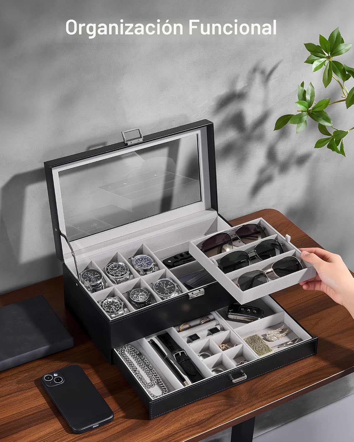 ProCase Caja de joyería para hombres, caja de reloj con 6 ranuras c...