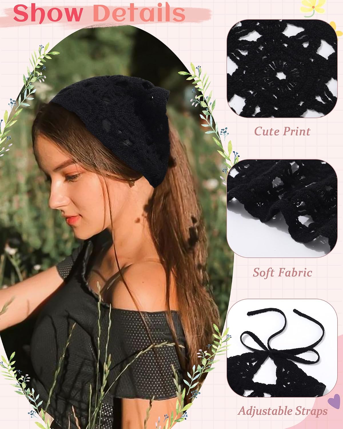HAIMEIKANG Pañuelo floral de ganchillo para el cabello, 2 unidades,...