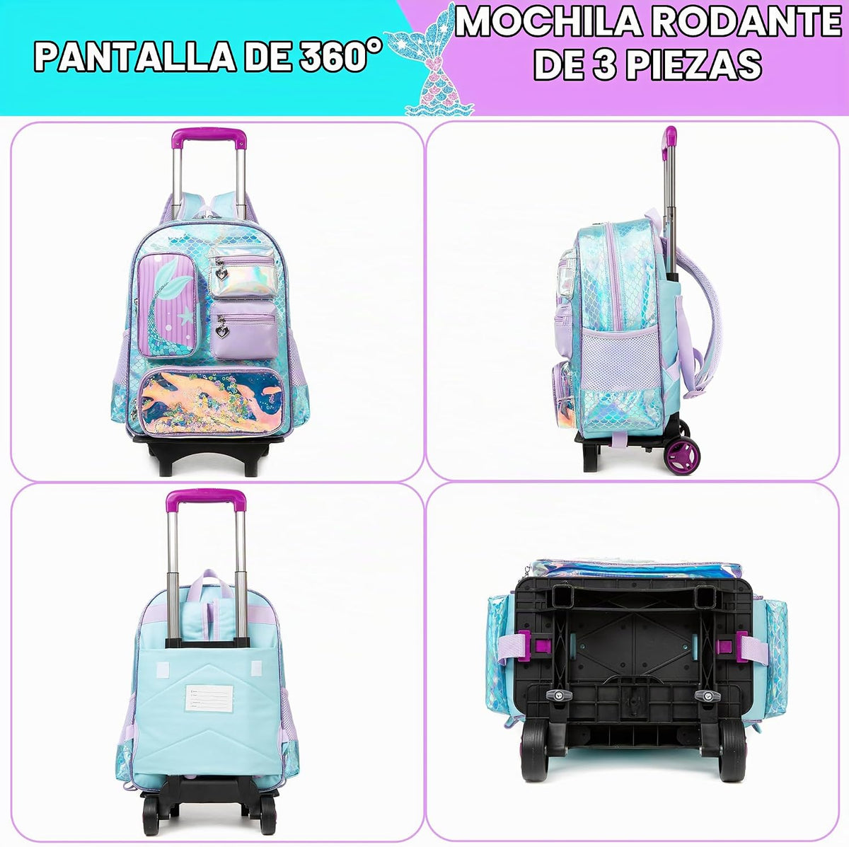 Meetbelify Mochila con ruedas de sirena para niñas, mochila con rue...