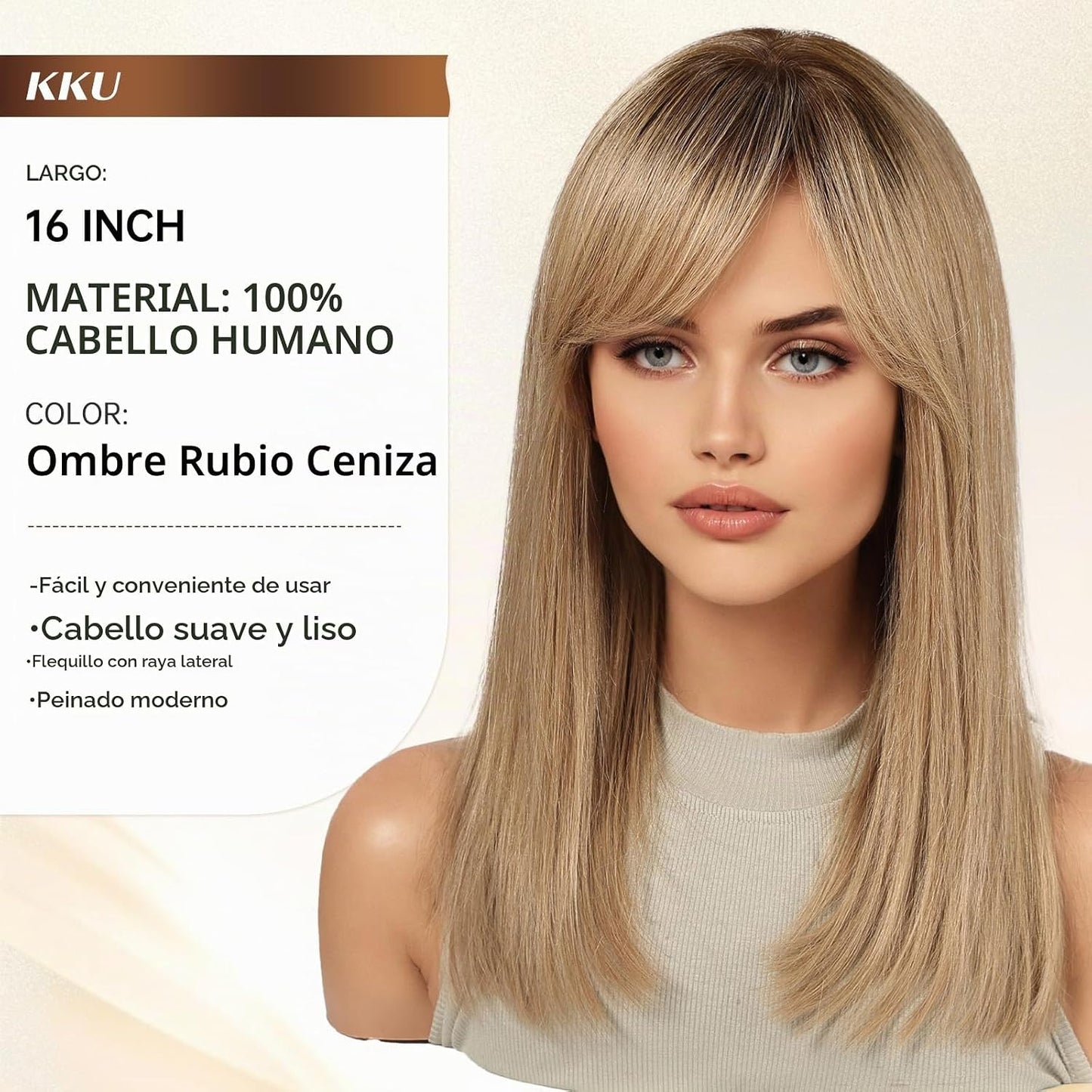 KKU Pelucas de cabello humano rubio ceniza degradado de 16 pulgadas...