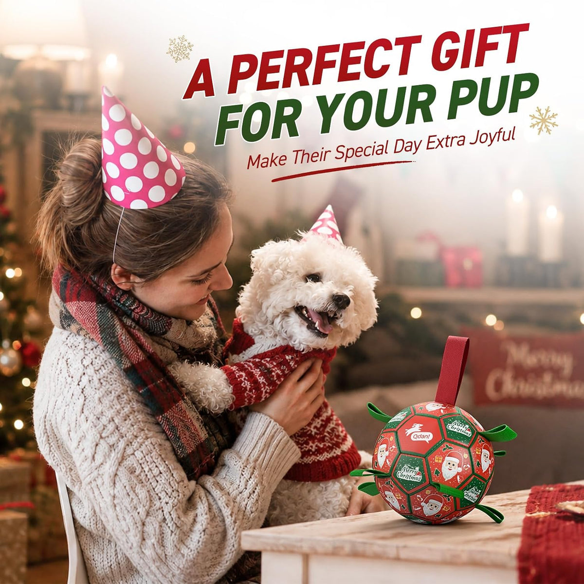 QDAN Pelotas de Navidad para perros con correas, pelota de fútbol p...