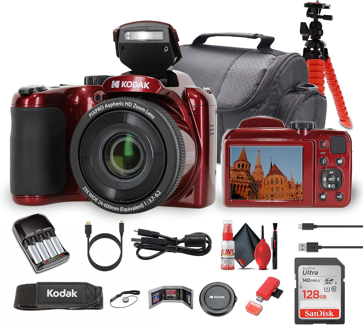 Kodak Pixpro AZ255 Cámara digital en rojo (AZ255RD) El paquete incl...