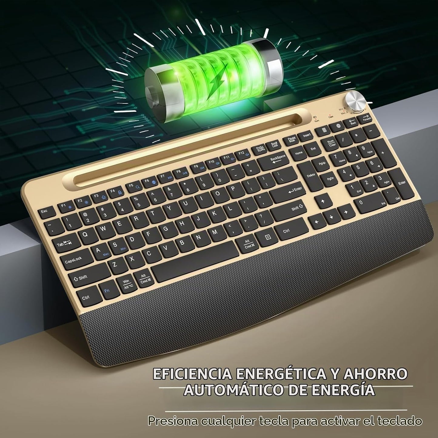 GAMCATZ Juego de teclado y mouse inalámbrico ergonómico con reposa...