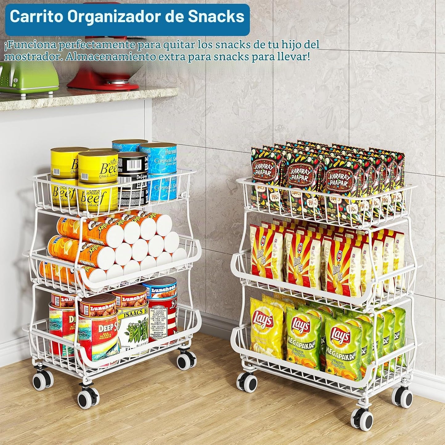 OKZEST Organizador de piso de despensa rodante de 3 niveles y carri...