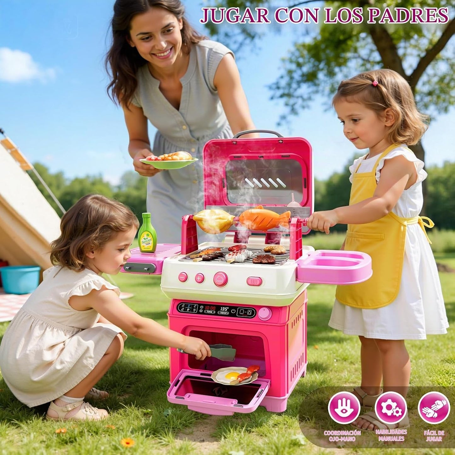 KIZONLY Juego de barbacoa para niños, juego de cocina de 2 capas co...