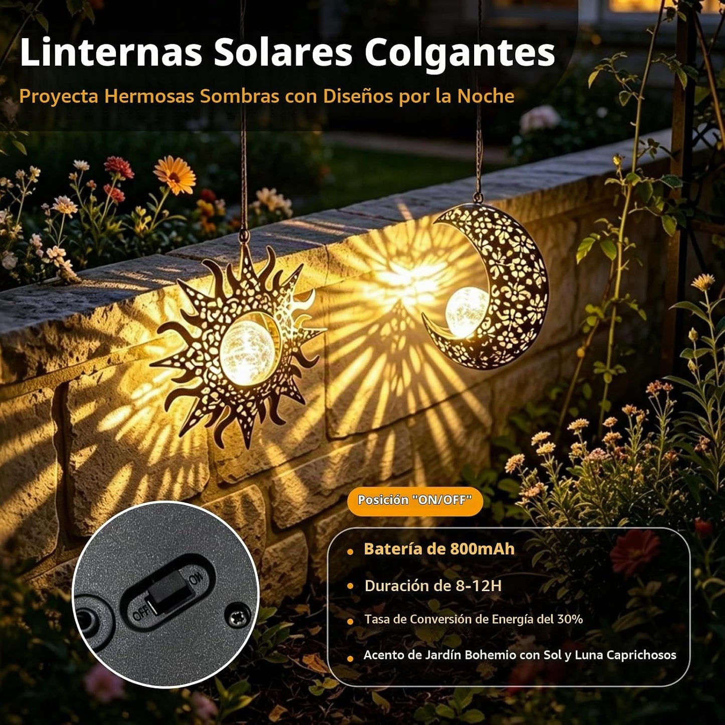 QCF Juego de luces solares colgantes de sol y luna para exteriores,...