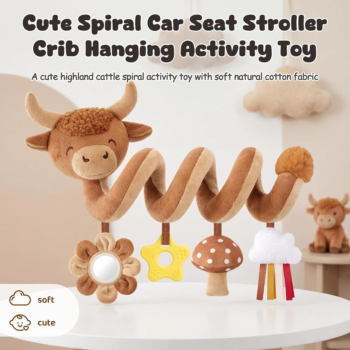 Stuffed Highland Cow - Juguetes de asiento de coche en espiral para...