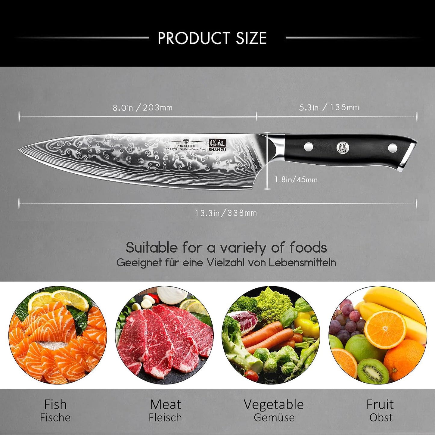 SHAN ZU - Cuchillo de chef de 8 pulgadas de acero damasceno japonés...
