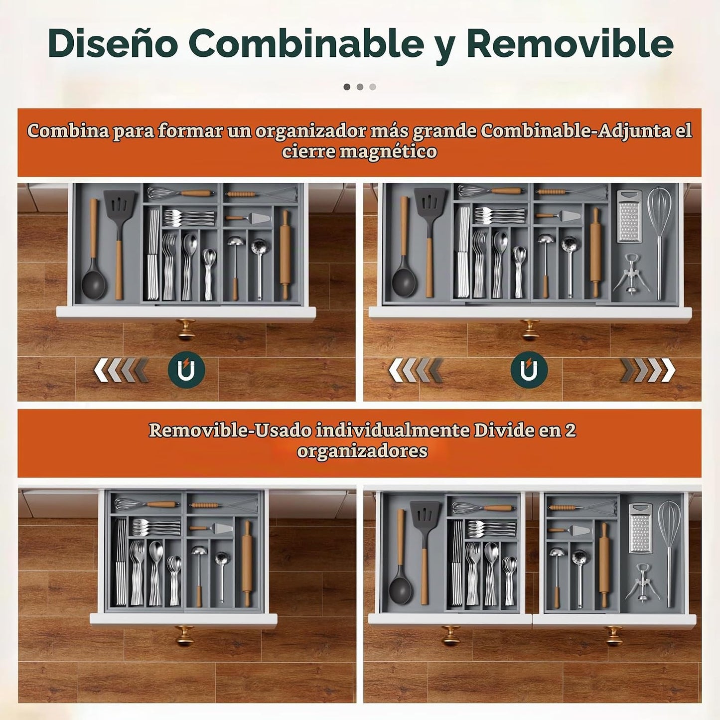 Organizador de cubiertos grande, magnéticamente conectado expandibl...