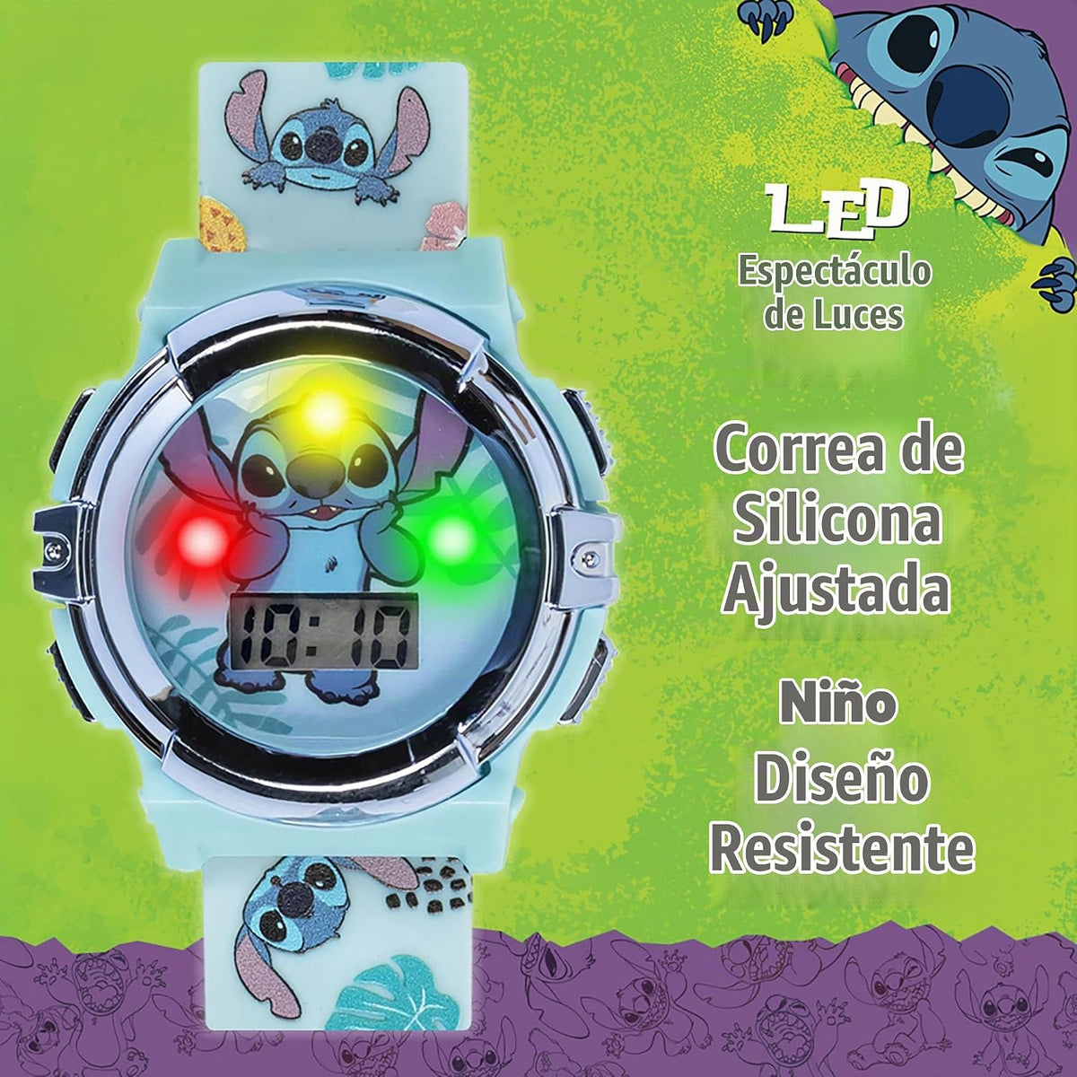 Disney Stitch - Reloj LCD para niños, esfera iluminada intermitente...