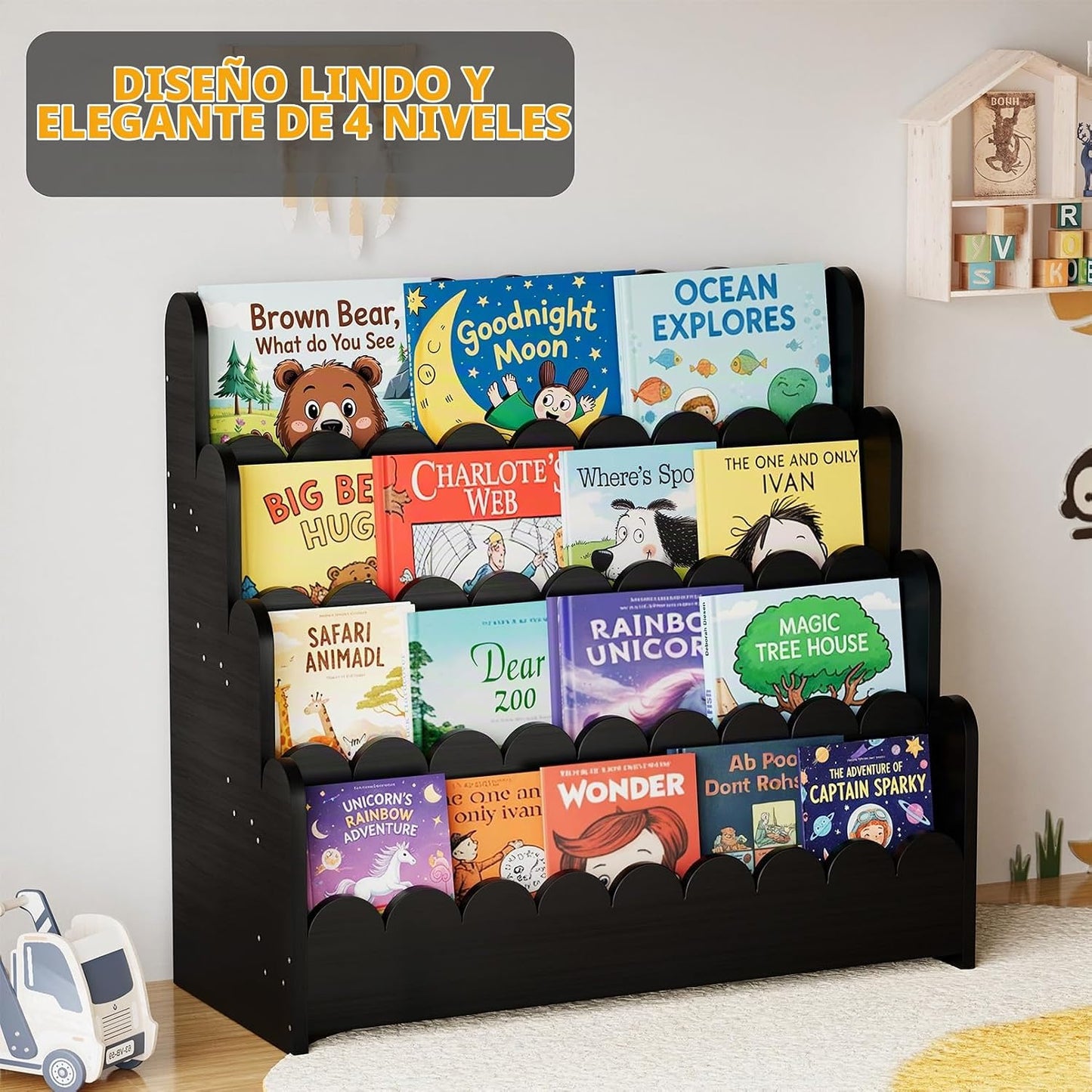 SpaceAid Estantería Festoneada de 4 Niveles, Estantería Montessori...