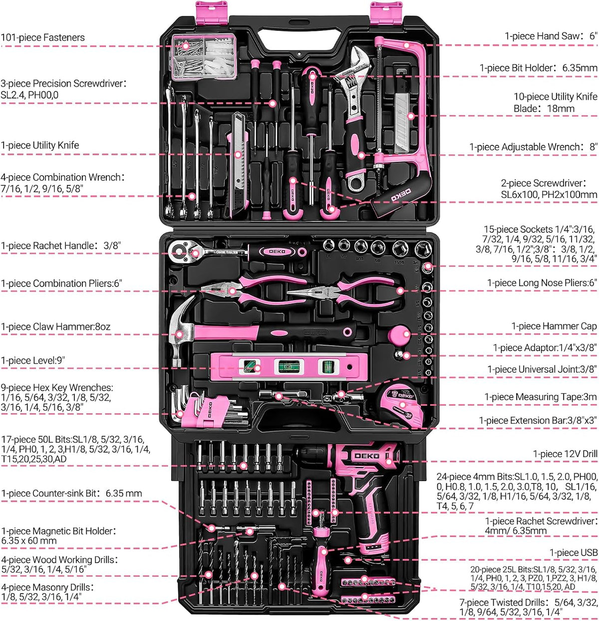 Juego de herramientas rosas: caja de herramientas DEKOPRO Home Mech...