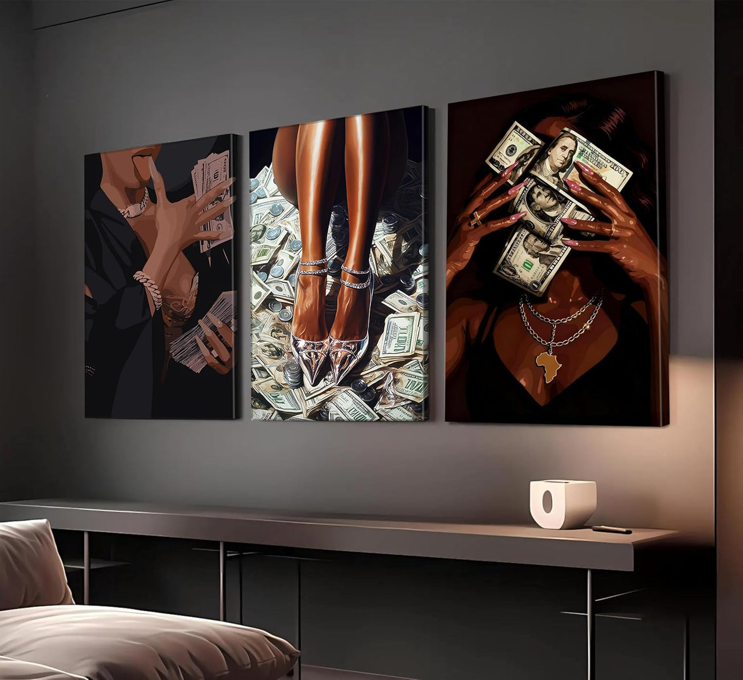 Arte de pared moderno de niña negra con dinero, imágenes de mujer a...