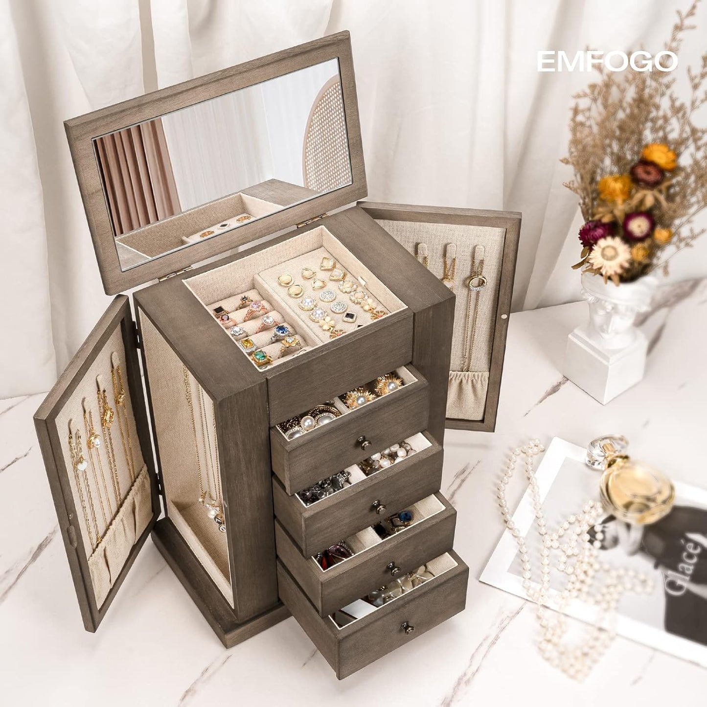 Emfogo - Joyero para mujer, cajas de joyería de madera grandes de 5...