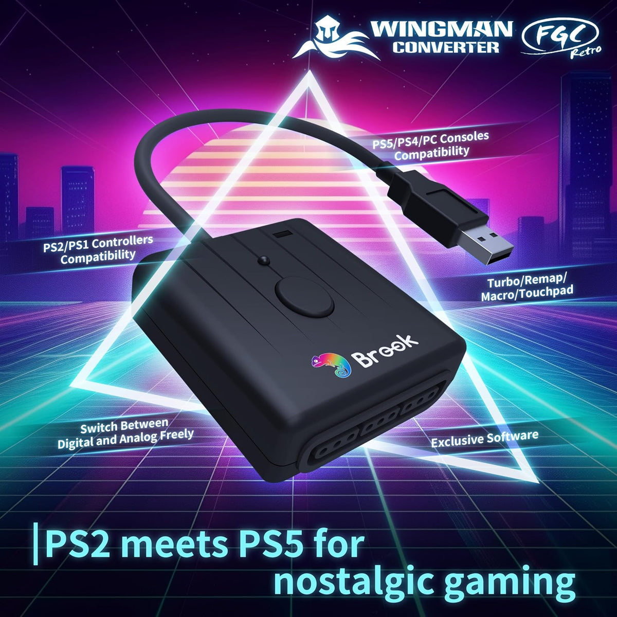 Brook Wingman FGC Retro- Controlador PS1 y PS2 para PS5, PS4, PC, T...