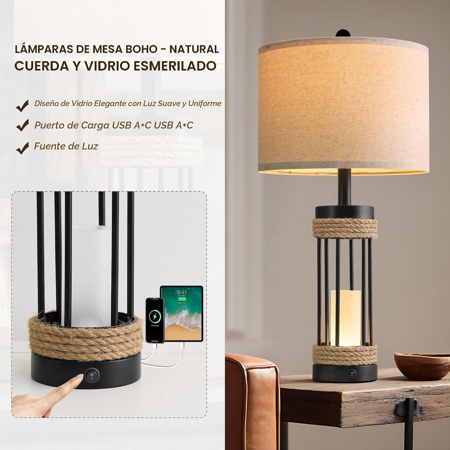 OYEARS Juego de 2 lámparas de mesa de 25" con luz nocturna, lám...