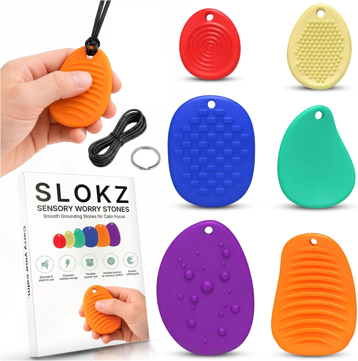 SLOKZ Llavero Fidget Worry Stones \u2013 Paquete de 6 piedras senso...