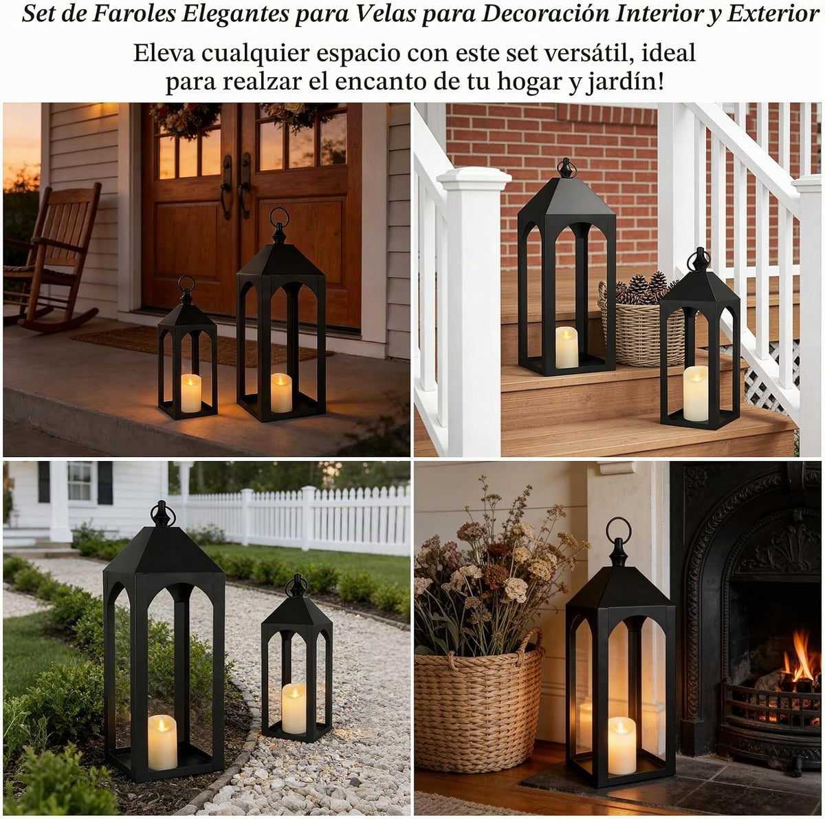 Faroles grandes de metal negro de 23 pulgadas y 17 pulgadas, decora...