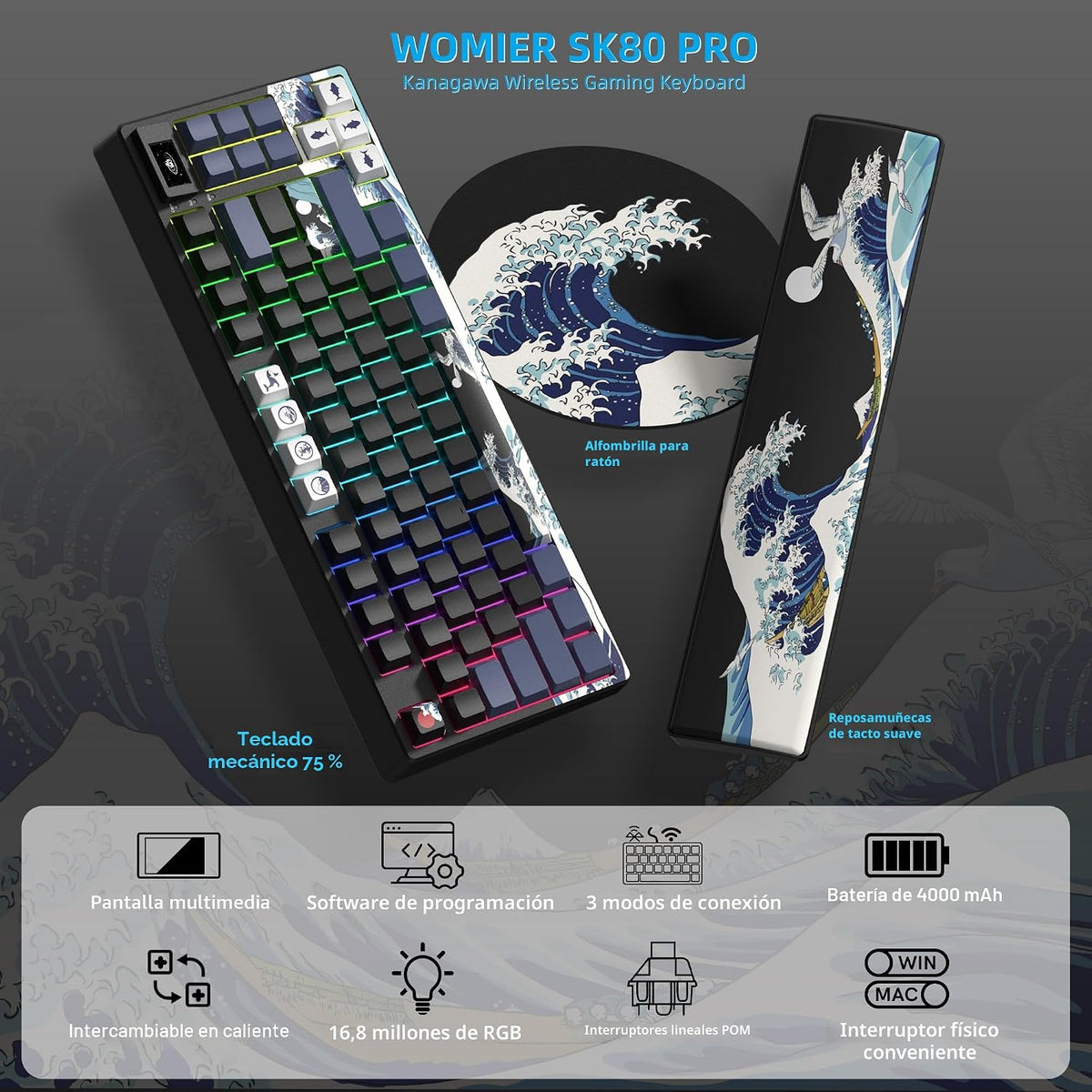 Womier Teclado Mecánico Inalámbrico 75% con Pantalla Multimedia a C...