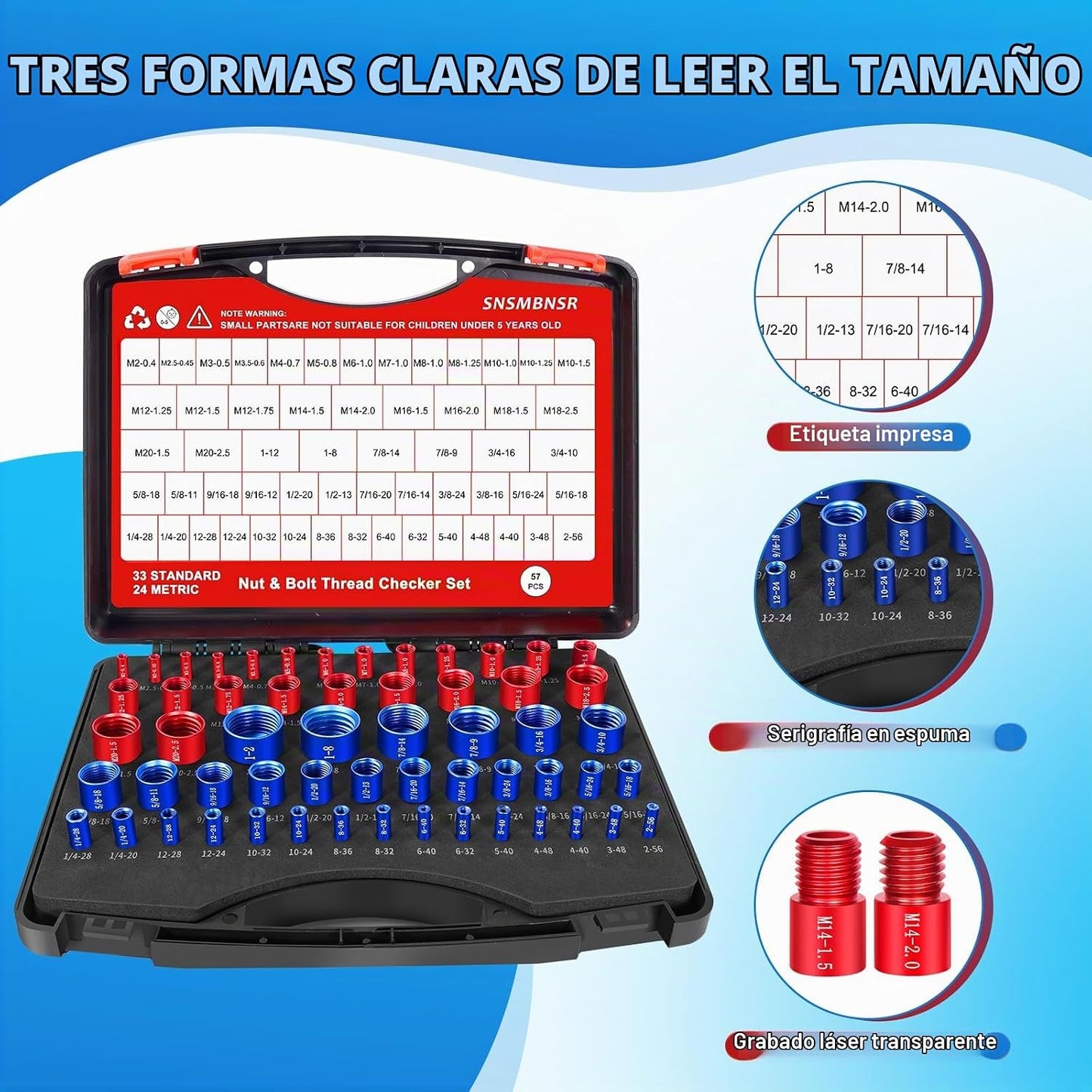 SNSMBNSR 57Pcs Verificador de Roscas, Juego de Verificación de Rosc...