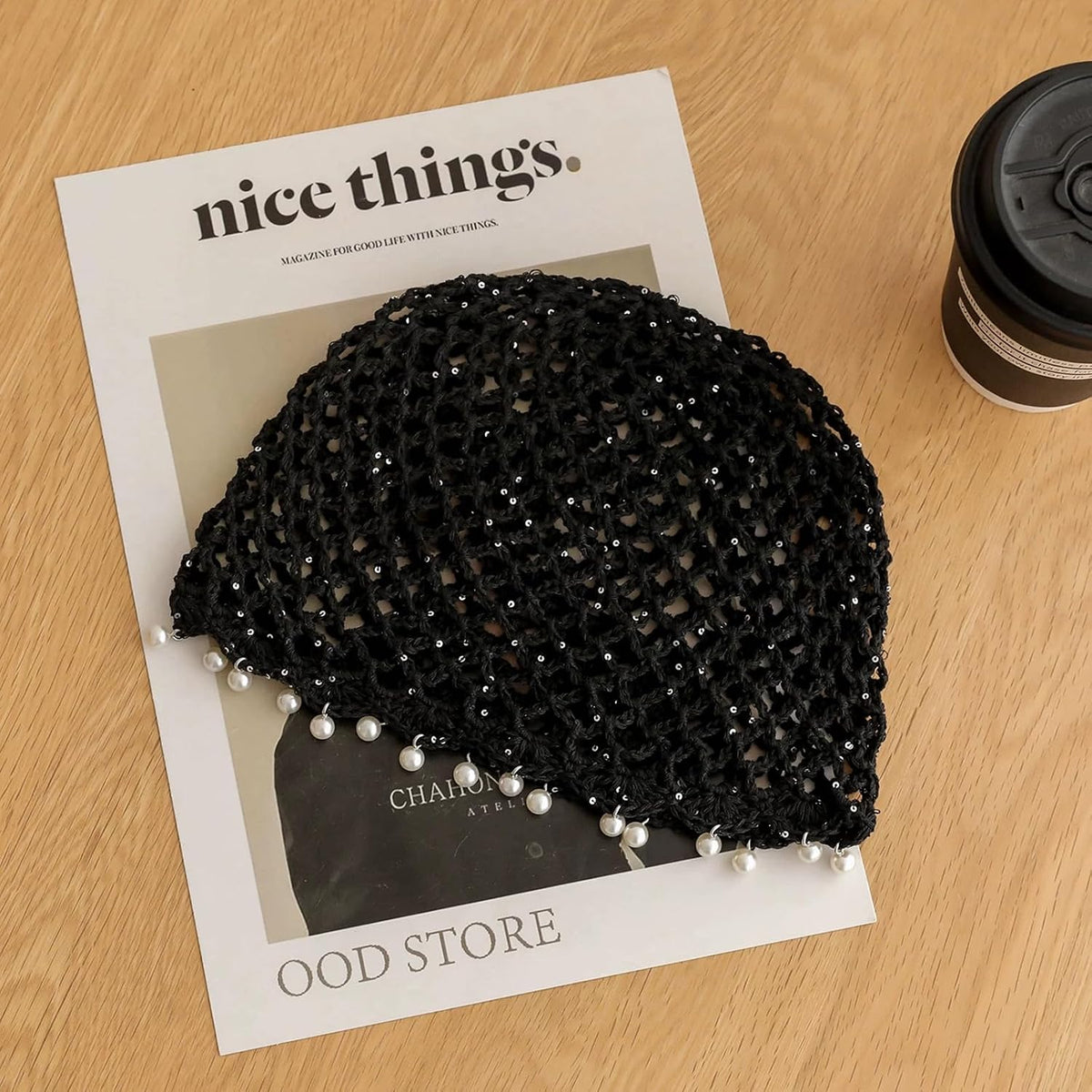 HENWASAI Gorro de ganchillo brillante para mujer con ribete de perl...