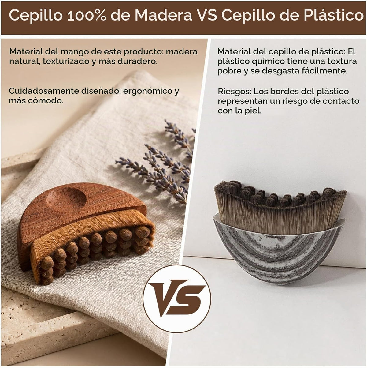 Cepillo facial de contorno linfático con mango de madera, 100% acer...