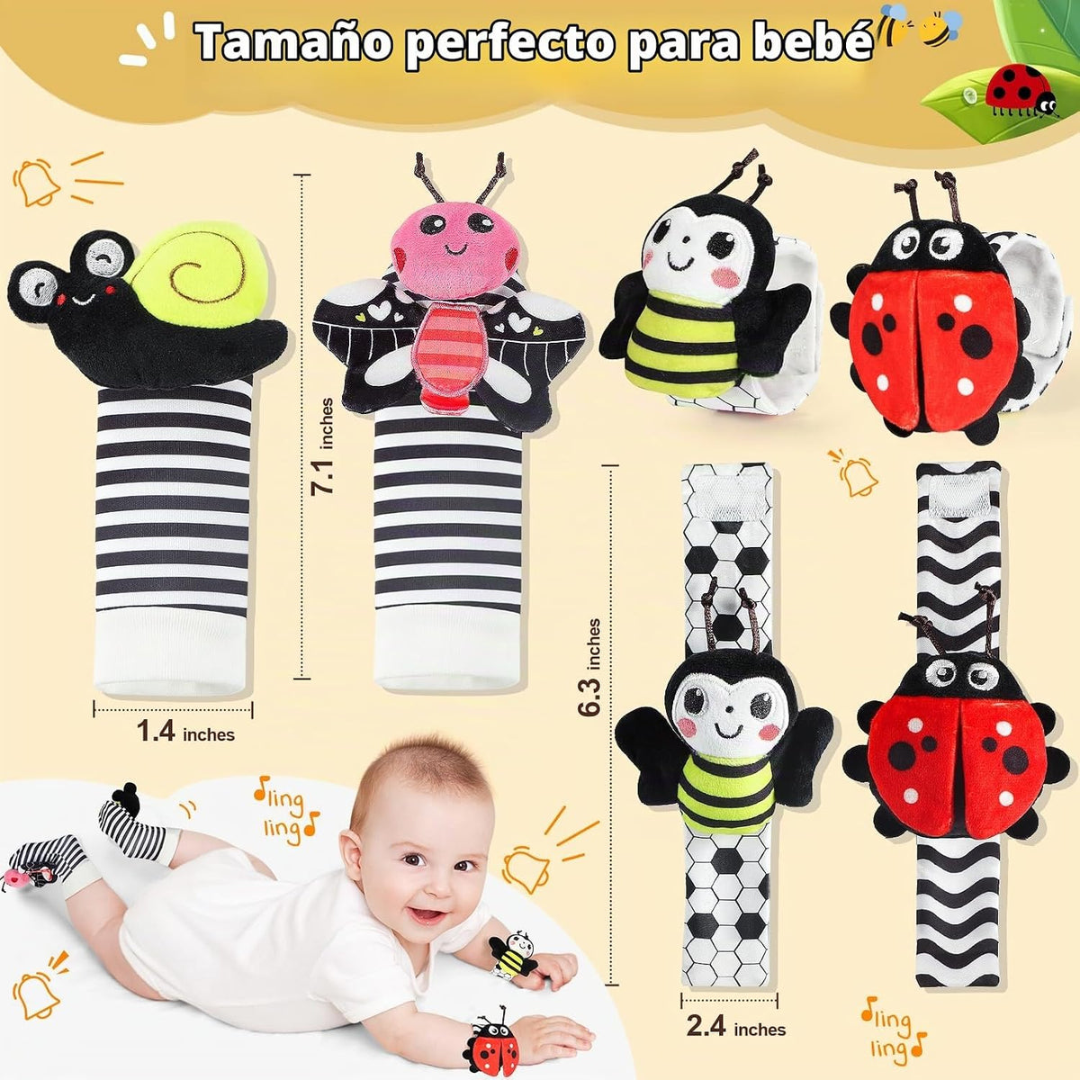 URMYWO Sonajeros de muñeca para bebé, calcetines de sonajero, jugue...